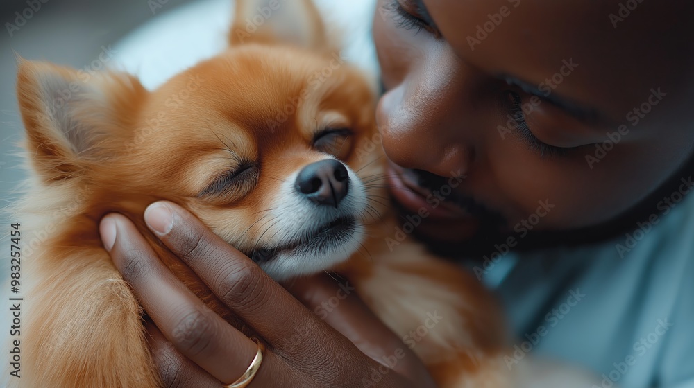 A veterinarian gently cleans the eyes of a small Pomeranian with a soft cloth, showcasing a close-up of his hands and the dog's face A veterinarian gently cleans the eyes of a small Pomeranian with a soft cloth, showcasing a close-up of his hands and the dog's face