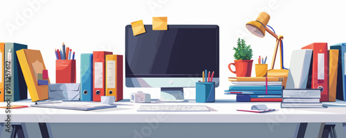 Office desk with stationery items and paperwork on a plain white backdrop. Vector flat isolated illustration.