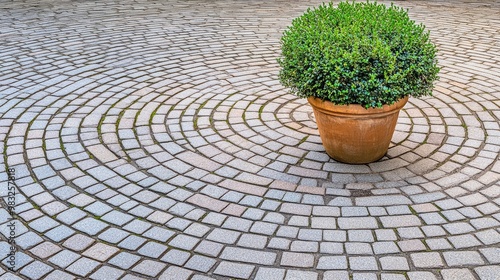 Red bricks are artistically scattered across a circular floor, complemented by a pot of green plants. Natural light enhances the vibrant contrast of colors in this outdoor setting