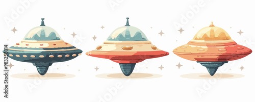 Toy UFOs on a white background. Vector flat minimalistic isolated illustration.