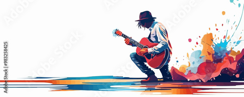 A musician playing a guitar on stage, captivating the audience with their music on a white background. Vector flat minimalistic isolated illustration.