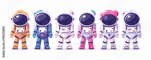 Astronaut toys on a plain white surface. Vector flat isolated illustration.