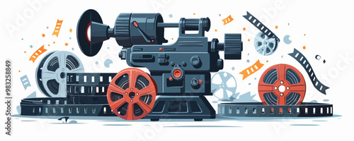 Vintage film projector and reels of movie film on a white background. Vector flat isolated illustration.