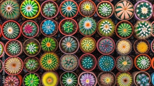 This illustration shows a colorful collection of cacti of all sizes and shapes in an overhead view