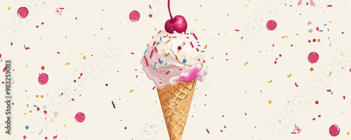 A scoop of ice cream in a waffle cone, topped with sprinkles and a cherry on a white background. Vector flat minimalistic isolated illustration.