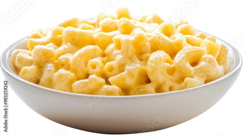 A bowl of creamy mac and cheese, showcasing its rich, cheesy sauce and perfectly cooked pasta, isolated against a white background. The dish looks warm and comforting, with a smooth, velvety texture.