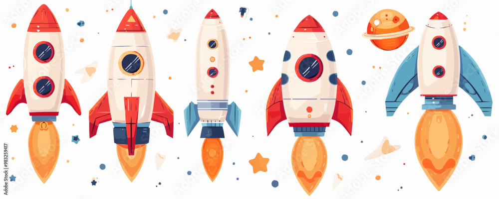 Rocket toys on a white backdrop. Vector flat isolated illustration. Rocket toys on a white backdrop. Vector flat isolated illustration.