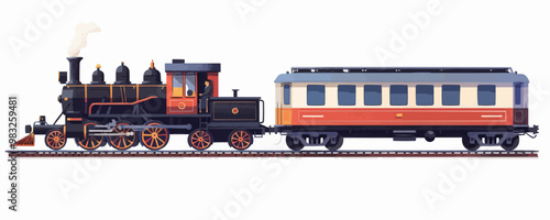 Nostalgic model train with locomotive, cars, and tracks Vector flat minimalistic isolated illustration