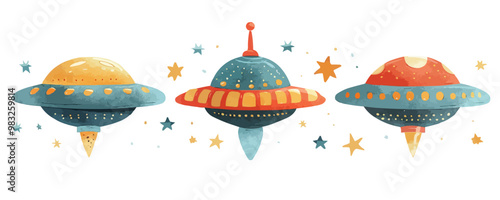 Toy UFOs on a white background. Vector flat minimalistic isolated illustration.