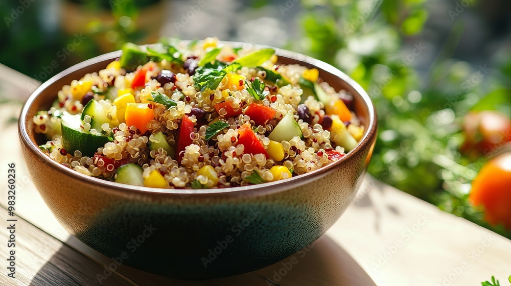 A colorful quinoa bowl featuring fresh vegetables, served in a ceramic bowl, set against a sunlit garden backdrop. The vibrant ingredients and wholesome presentation highlight the nutritious A colorful quinoa bowl featuring fresh vegetables, served in a ceramic bowl, set against a sunlit garden backdrop. The vibrant ingredients and wholesome presentation highlight the nutritious