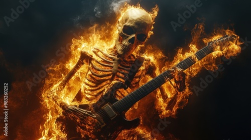 Skeleton engulfed in flames playing an electric guitar