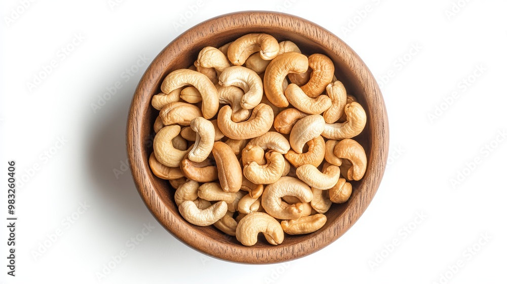 A top view of roasted cashew nuts in a wooden bowl, with a small pile of cashew nuts scattered around the bowl, set against a white background. The golden-brown cashews contrast nicely A top view of roasted cashew nuts in a wooden bowl, with a small pile of cashew nuts scattered around the bowl, set against a white background. The golden-brown cashews contrast nicely