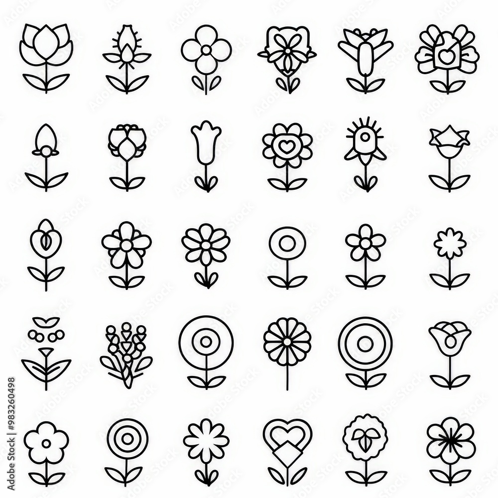 Professional And Minimalist Icons, Flower Set, Line art, flat, 2d, black and white, white background stylize 50 Professional And Minimalist Icons, Flower Set, Line art, flat, 2d, black and white, white background stylize 50