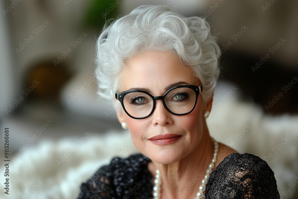 Refined elderly woman with silver hair and elegant glasses, sitting in a cozy modern living room, smiling softly while looking out of the window Refined elderly woman with silver hair and elegant glasses, sitting in a cozy modern living room, smiling softly while looking out of the window
