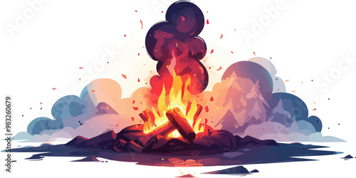 A campfire with flames and smoke, on a white background. Vector flat minimalistic isolated illustration.