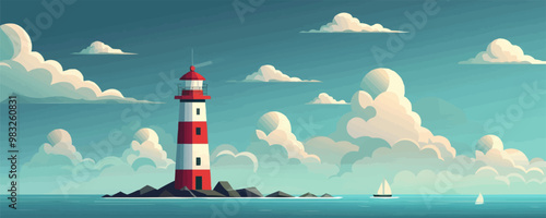 A classic red and white lighthouse standing tall against a cloudy sky. Vector flat minimalistic isolated illustration.