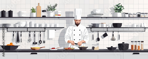 A kitchen with a chef and cooking utensils. Vector flat minimalistic isolated illustration.