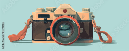 Vintage camera with a leather strap and adjustable lens Vector flat minimalistic isolated illustration