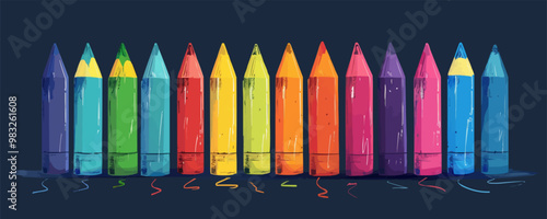 A collection of crayons, their vibrant colors inviting artistic expression, representing the joy of creation, depicted on a plain white surface. Vector flat minimalistic isolated illustration.