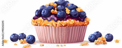 A muffin with a blueberry filling and a crumble topping, resting on the white background. Vector flat minimalistic isolated illustration.