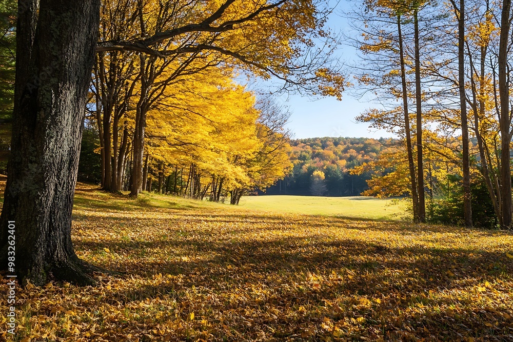 Fototapeta premium Golden autumn foliage in a forest clearing, sunlight shining through leaves.