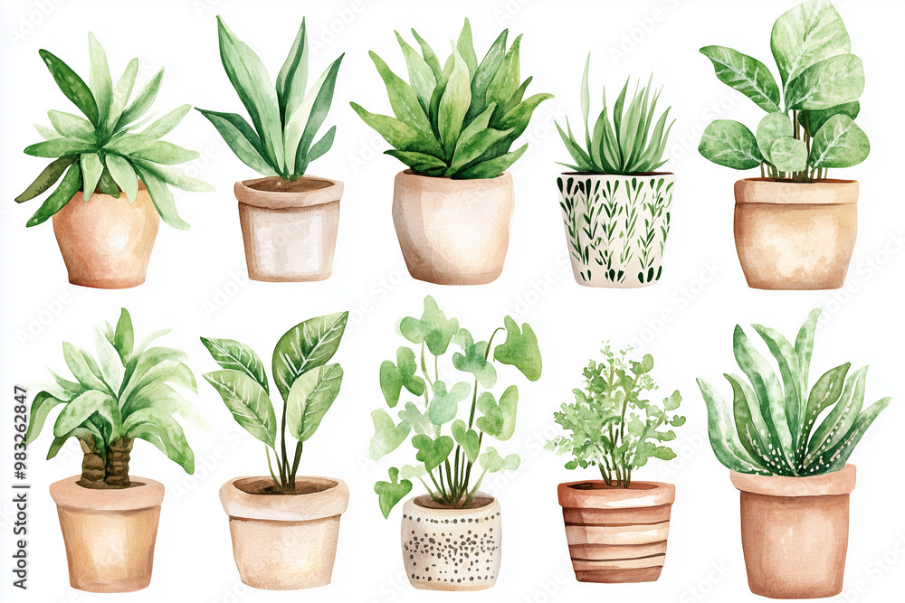 Fototapeta premium Watercolor Indoor Potted Plants