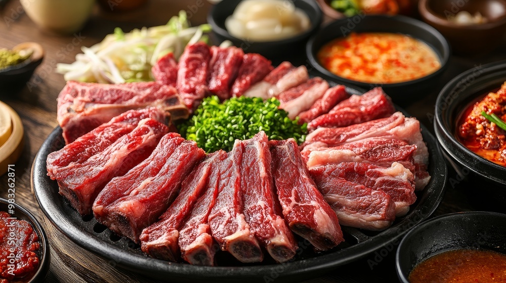 Ready-to-grill belly pork prepared in the Korean barbecue style; serve with vegetables and finger foods.
Ready-to-grill belly pork prepared in the Korean barbecue style; serve with vegetables and finger foods.