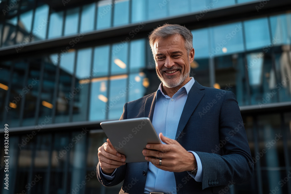 Focused successful mature Indian or Latin entrepreneur businessman holding digital pc tablet standing outdoor at business office building. Hispanic smiling man in suit working using touchpad computer Focused successful mature Indian or Latin entrepreneur businessman holding digital pc tablet standing outdoor at business office building. Hispanic smiling man in suit working using touchpad computer