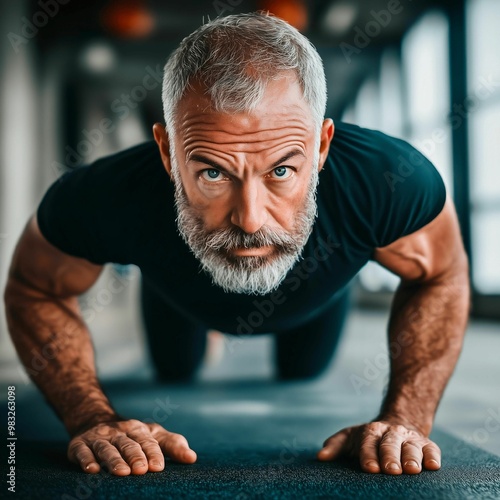 Middle-aged man exercising in gym