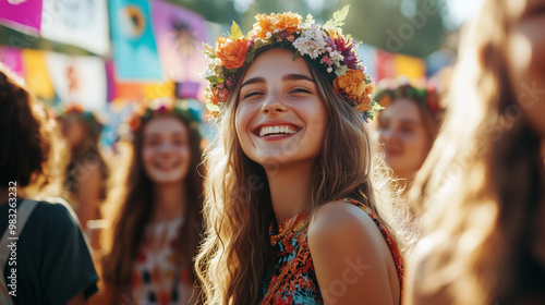 Festival-Goers Wearing Flower Crowns