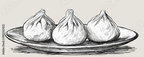 Khinkali on a plate hand drawn. vector simple illustration