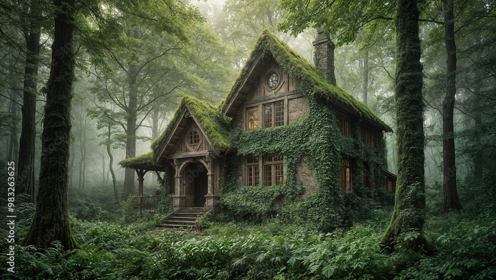mystical forest scene, where a stone house covered in lush green ivy blends harmoniously with its natural surroundings nestled deep within the dense forest, surrounded by towering trees . mystical forest scene, where a stone house covered in lush green ivy blends harmoniously with its natural surroundings nestled deep within the dense forest, surrounded by towering trees .