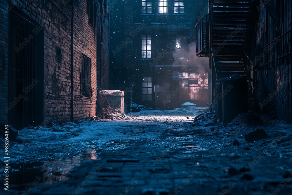 Dark and eerie alleyway in the city at night with snow on the ground. A sense of mystery and isolation. Dark and eerie alleyway in the city at night with snow on the ground. A sense of mystery and isolation.