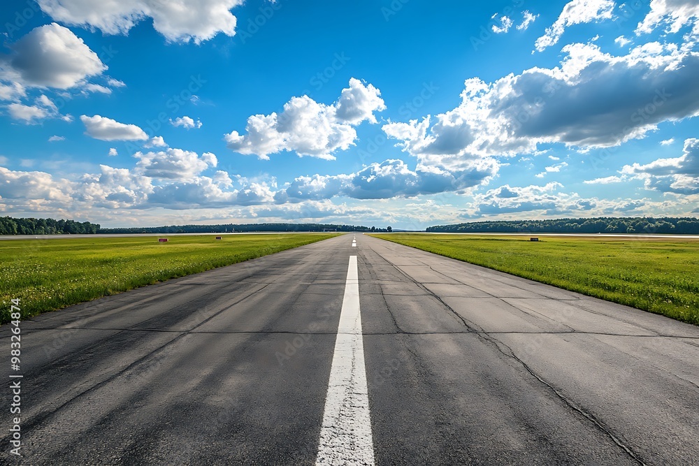 Empty Runway,  Asphalt Strip Leading to the Horizon with White Line, Blue Sky with Fluffy Clouds