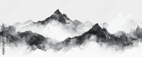 black mountain line art background. Traditional watercolor oriental, Japanese style. Vector illustration
