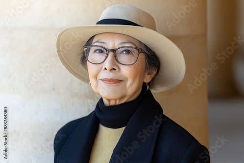 Elderly Asian woman wearing glasses and a hat, walking with a cane in a city square with classic street art in the background photo