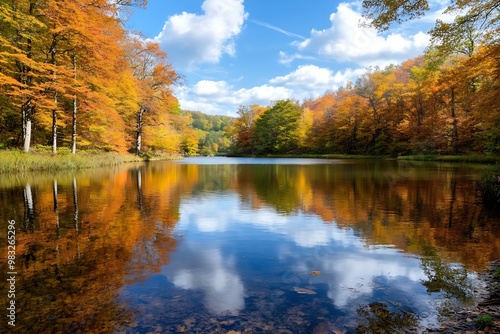 Autumn lake with colorful trees reflecting in the water with blue sky and clouds