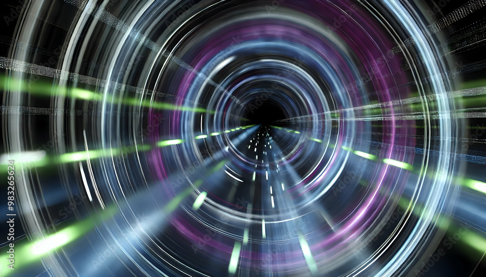 Abstract High-Speed Circular Tunnel with Glowing Neon Streaks