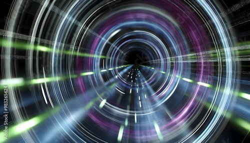 Abstract High-Speed Circular Tunnel with Glowing Neon Streaks