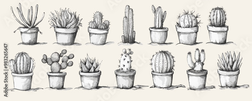 Cactus set hand drawn sketch Plants. vector simple illustration