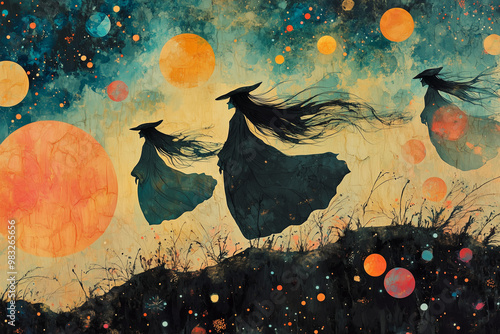 Witches with long hair  flying in the moon night