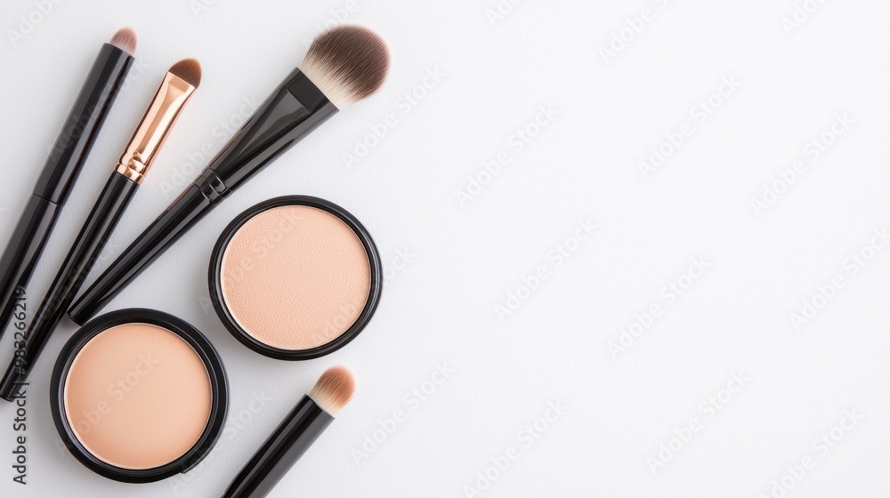 Makeup brushes and powders on a white isolate background. Makeup brushes and powders on a white isolate background.