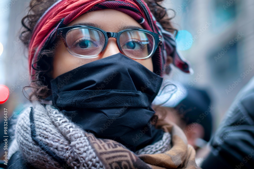 A close-up of a protester's determined expression. A close-up of a protester's determined expression.