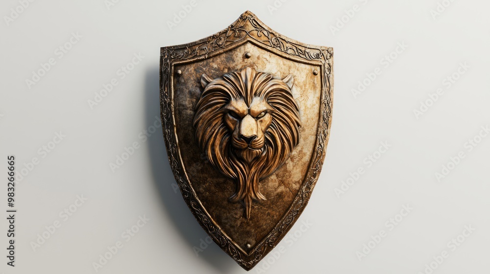 Majestic 3D Fantasy Shield with Lion Emblem on White Surface Majestic 3D Fantasy Shield with Lion Emblem on White Surface