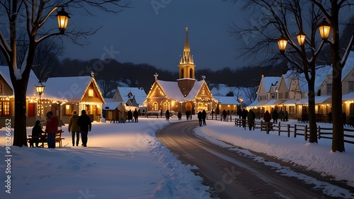 A snow-covered village where glowing lanterns light up cobblestone streets, and the sound of bells echoes through the crisp winter air as the townsfolk prepare for the annual Chris Miss festival.