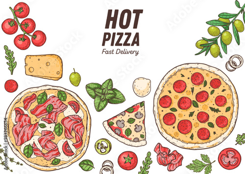 Hand drawn set of pizza. Italian pizza design template. Vector illustration