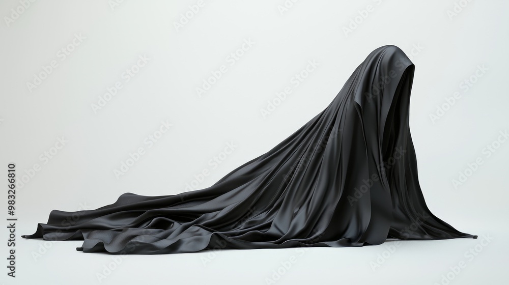 Enchanting 3D Illustration of Magical Cloak with Flowing Fabric and Shimmering Effects on White Surface Enchanting 3D Illustration of Magical Cloak with Flowing Fabric and Shimmering Effects on White Surface