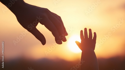 Parent reaching out to child against a sunset background.