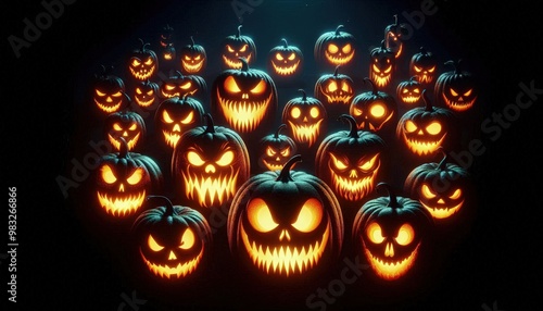 Generative AI illustration of illuminated carved pumpkins with different evil faces in darkness at Halloween night photo