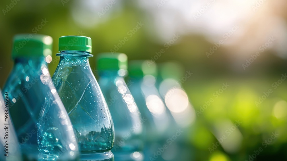 Row of green cap water bottles on a blurred natural background. Row of green cap water bottles on a blurred natural background.